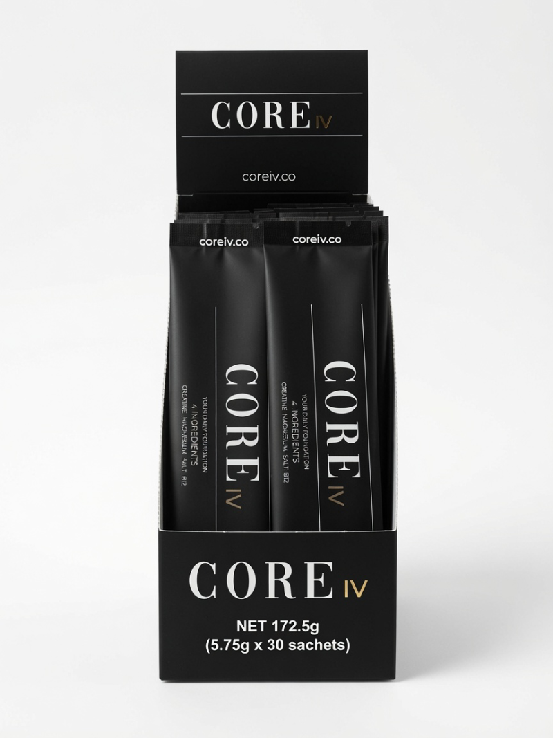 CORE IV packaging with black sachets on a white background