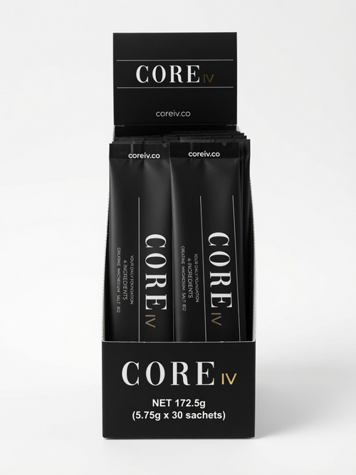 CORE IV packaging with black sachets on a white background
